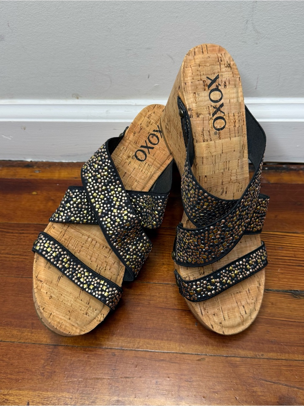 XOXO Black Multi-Stud Cork Wedge Sandals